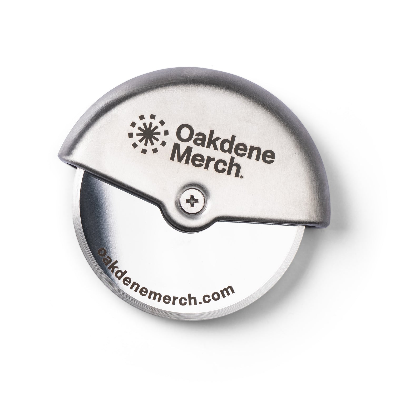 A branded stainless steel pizza cutter with the 'Oakdene Merch' logo engraved on the top and handle.