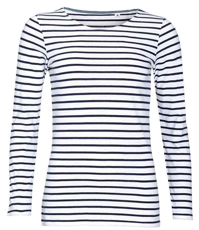 SOL'S Ladies Marine Long Sleeve Striped T-Shirt - White/Navy