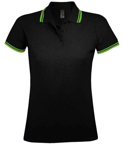 SOL'S Ladies Pasadena Tipped Cotton Piqué Polo Shirt - Black/Lime Green