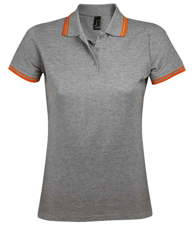 SOL'S Ladies Pasadena Tipped Cotton Piqué Polo Shirt - Grey Marl/Orange