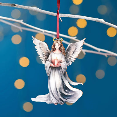 Decorative angel ornament holding a candle against a festive background with lights.