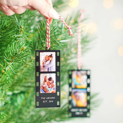 Personalized photo ornament with family pictures on a Christmas tree