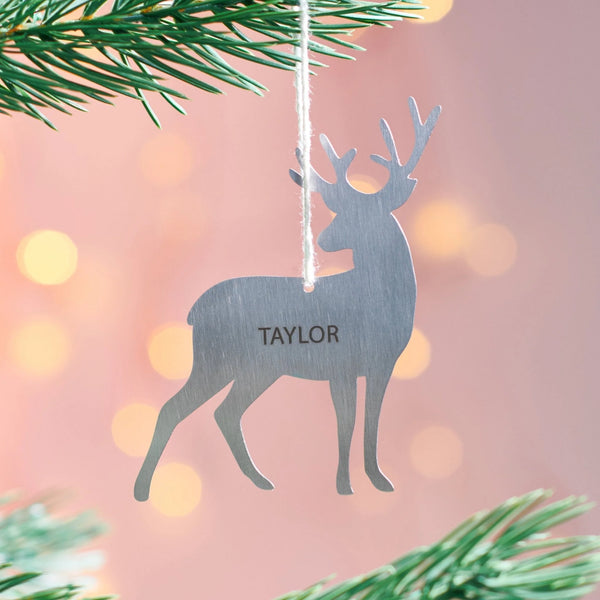 Decorative deer ornament with 'TAYLOR' on a Christmas tree branch.
